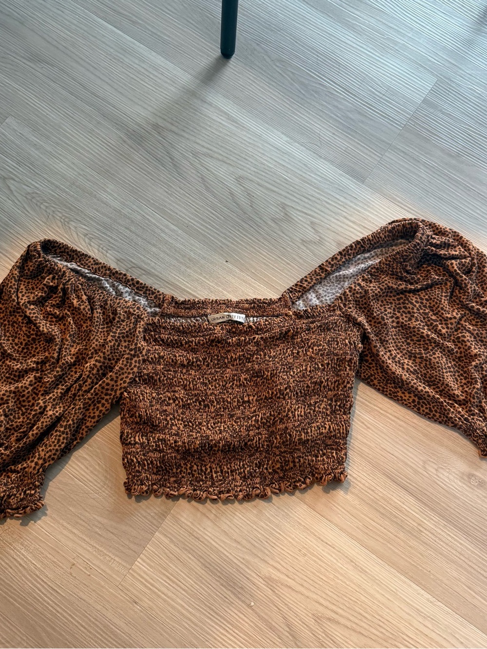 Urban Outfitters Brown Animal-Print Smocked Off-Shoulder Crop Top